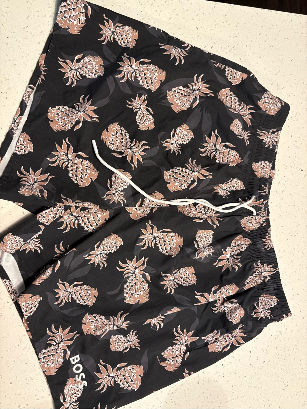 Boss Black Swim Trunks with Pink Pineapple Print